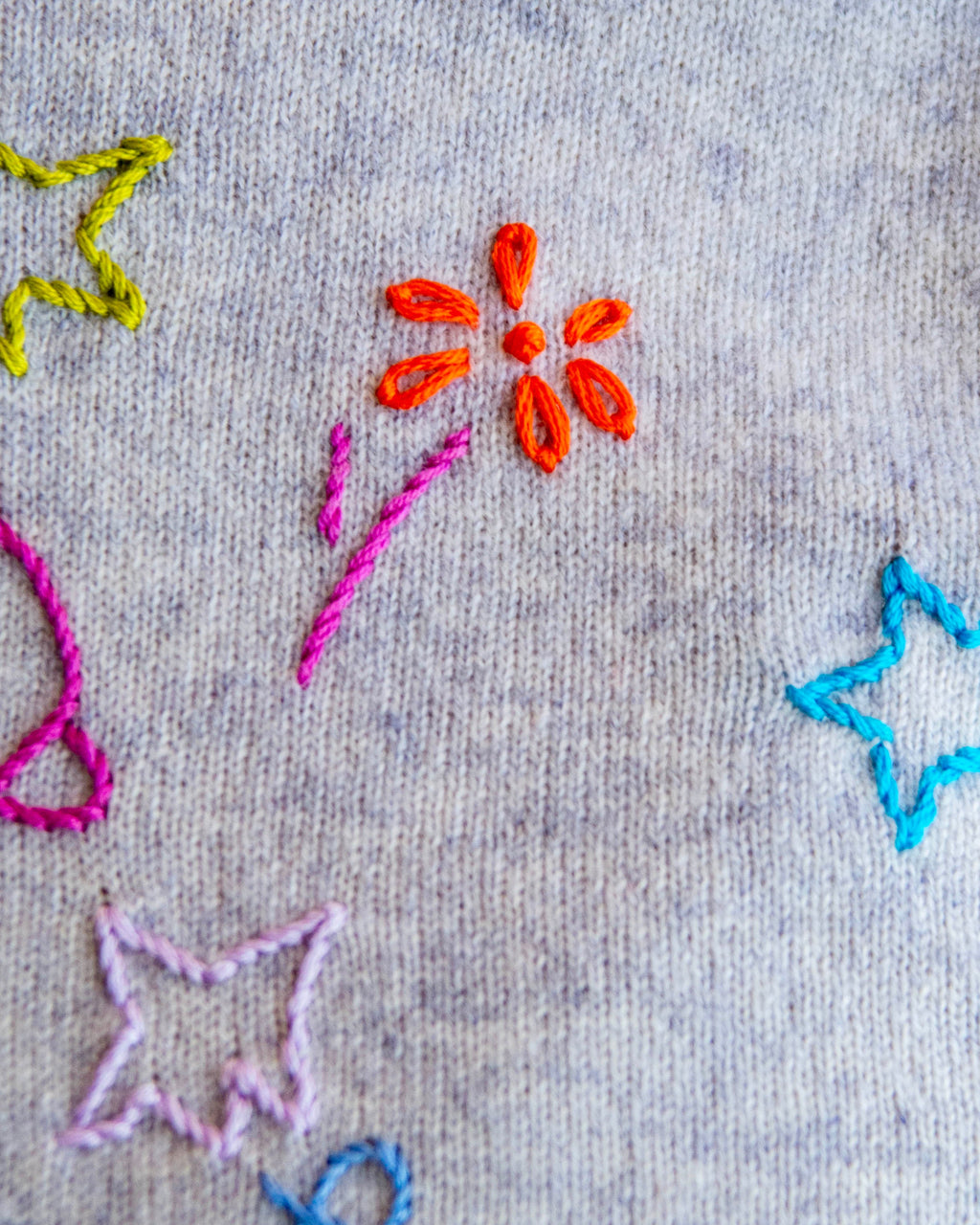 Embroidered flowers and stars on a textured fabric background