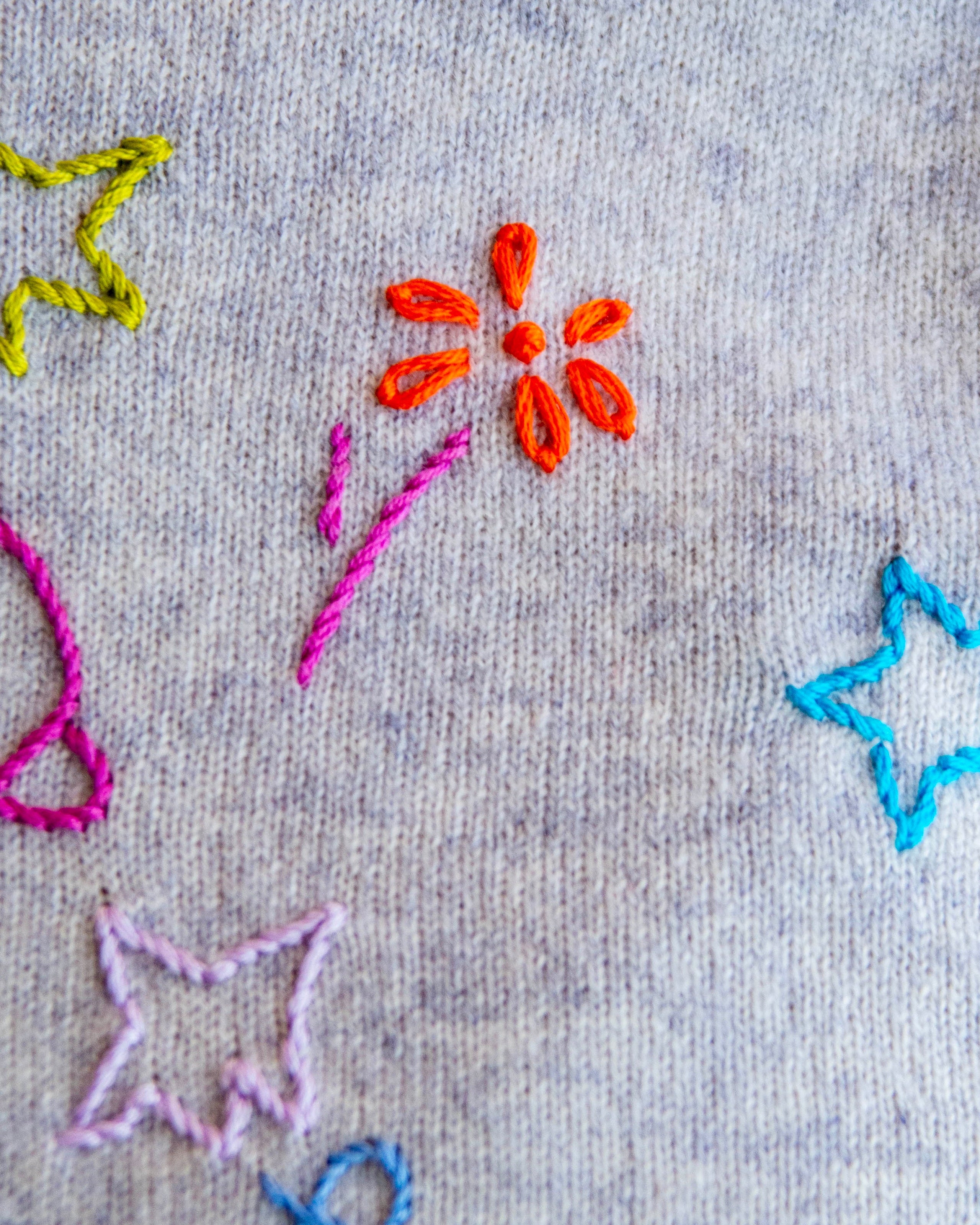Embroidered flowers and stars on a textured fabric background