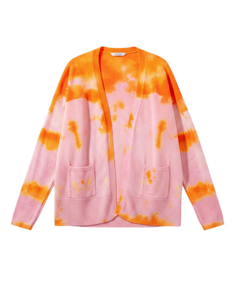 Tie-dye cardigan with pink and orange pattern on a white background